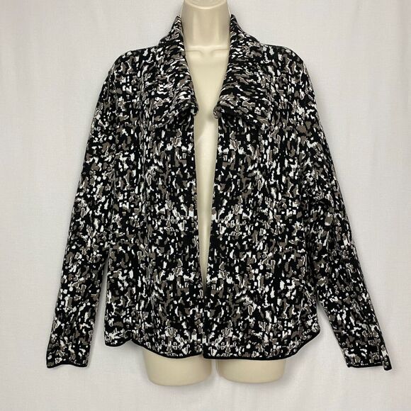 Chicos Size 3 Cardigan Sweater Open Front Black Gray White Blazer Shacket Office - Picture 1 of 11